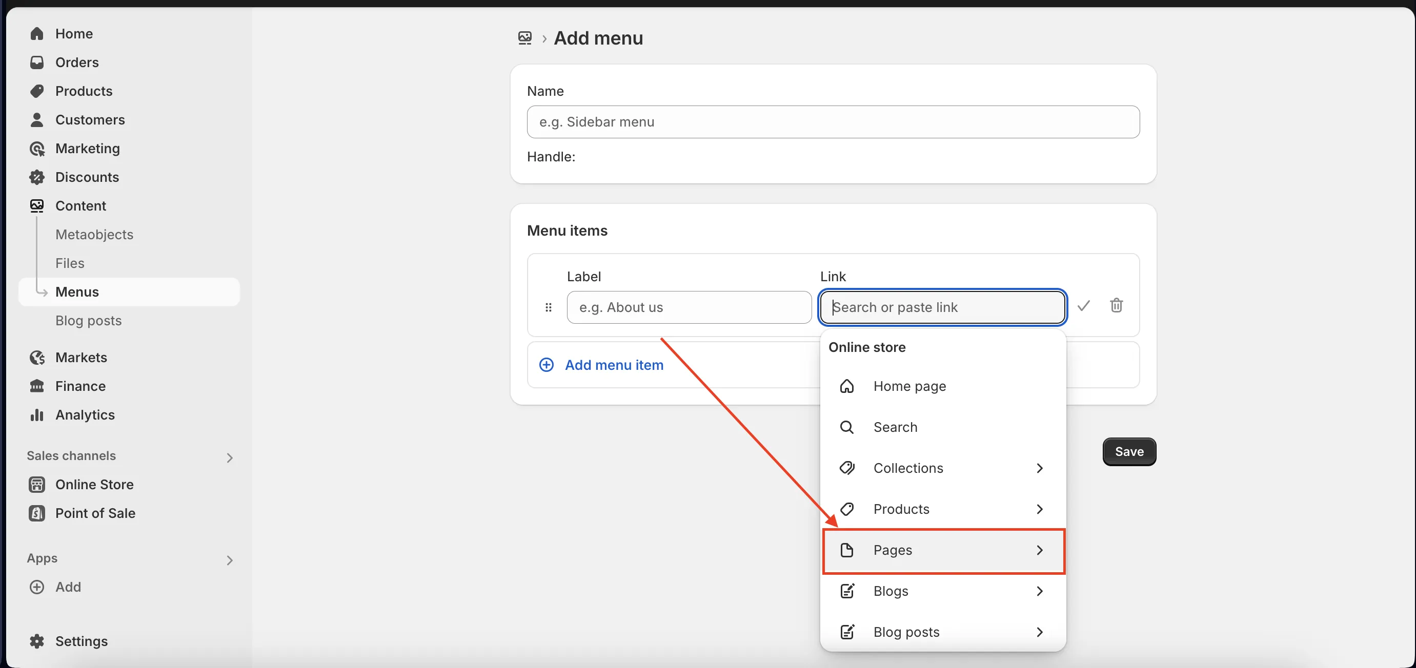 add new shopify menu item