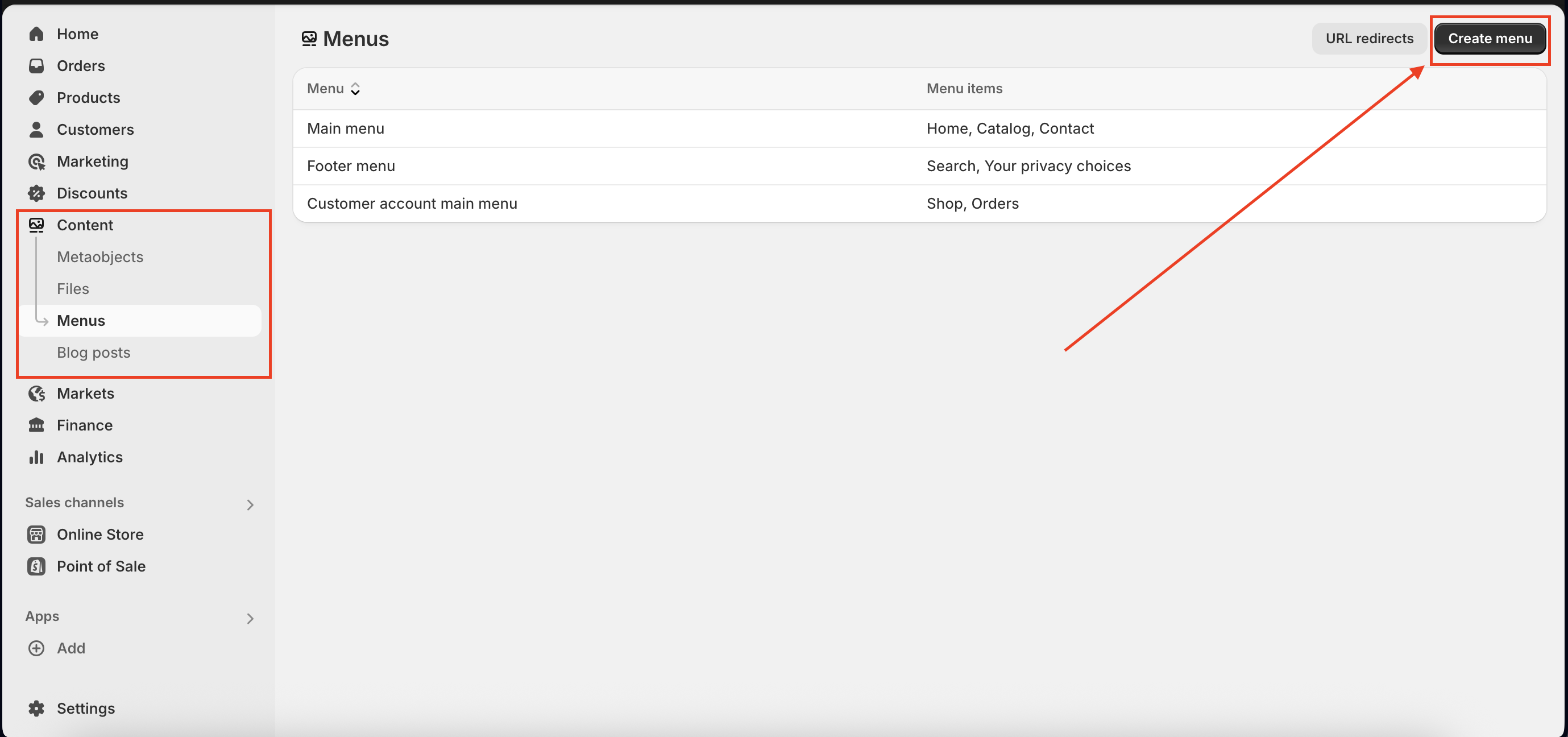 create new shopify menu