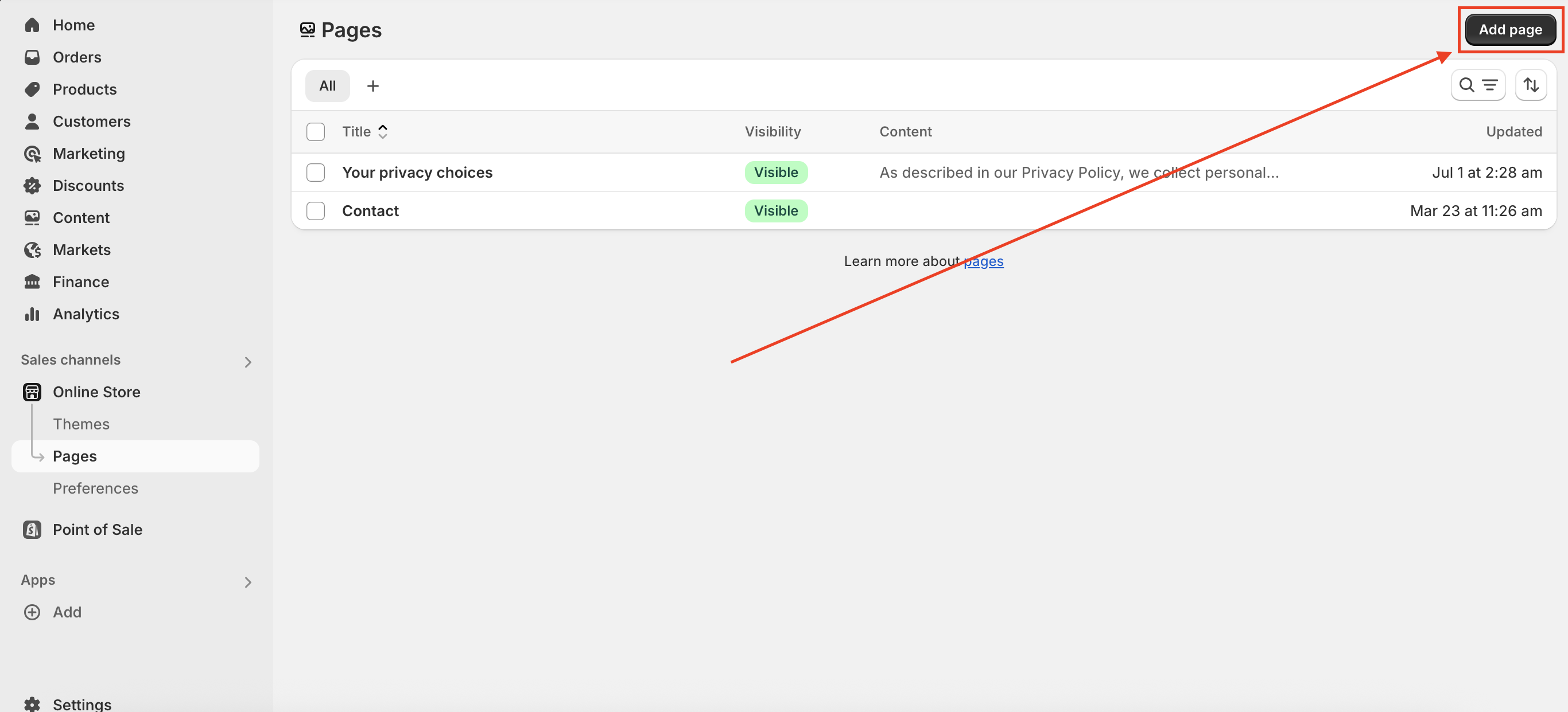 create new shopify page