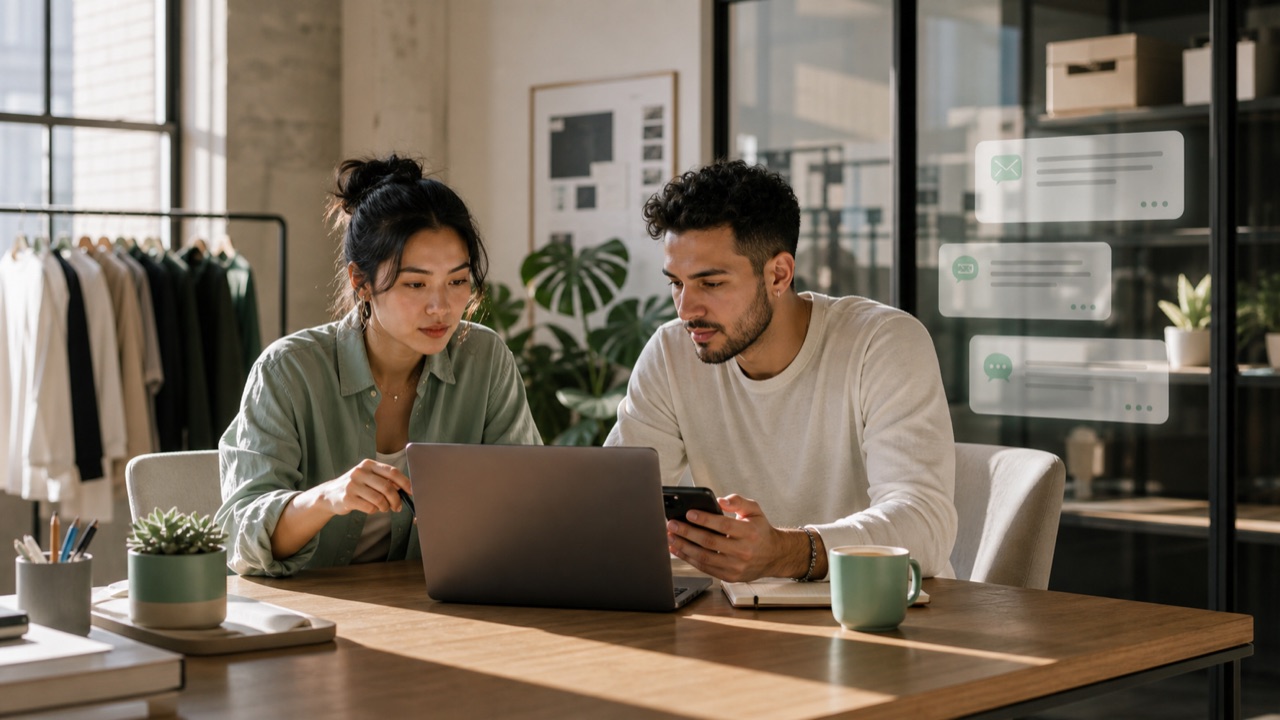Online brand operators reviewing email and SMS campaign timing in a sunlit studio