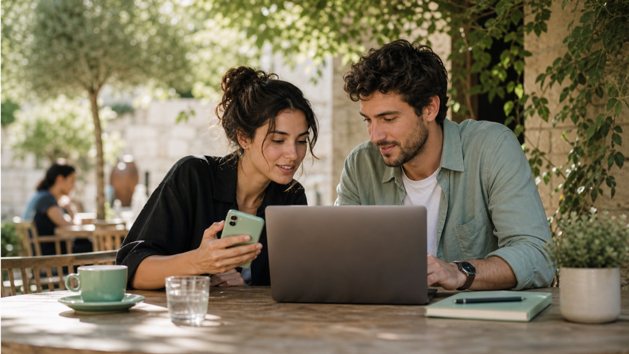 Online brand teammates reviewing launch replies and social activity from an outdoor cafe